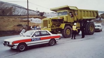 Terex R45 Dumper and Police escort Lee Moor late 70's.jpg
